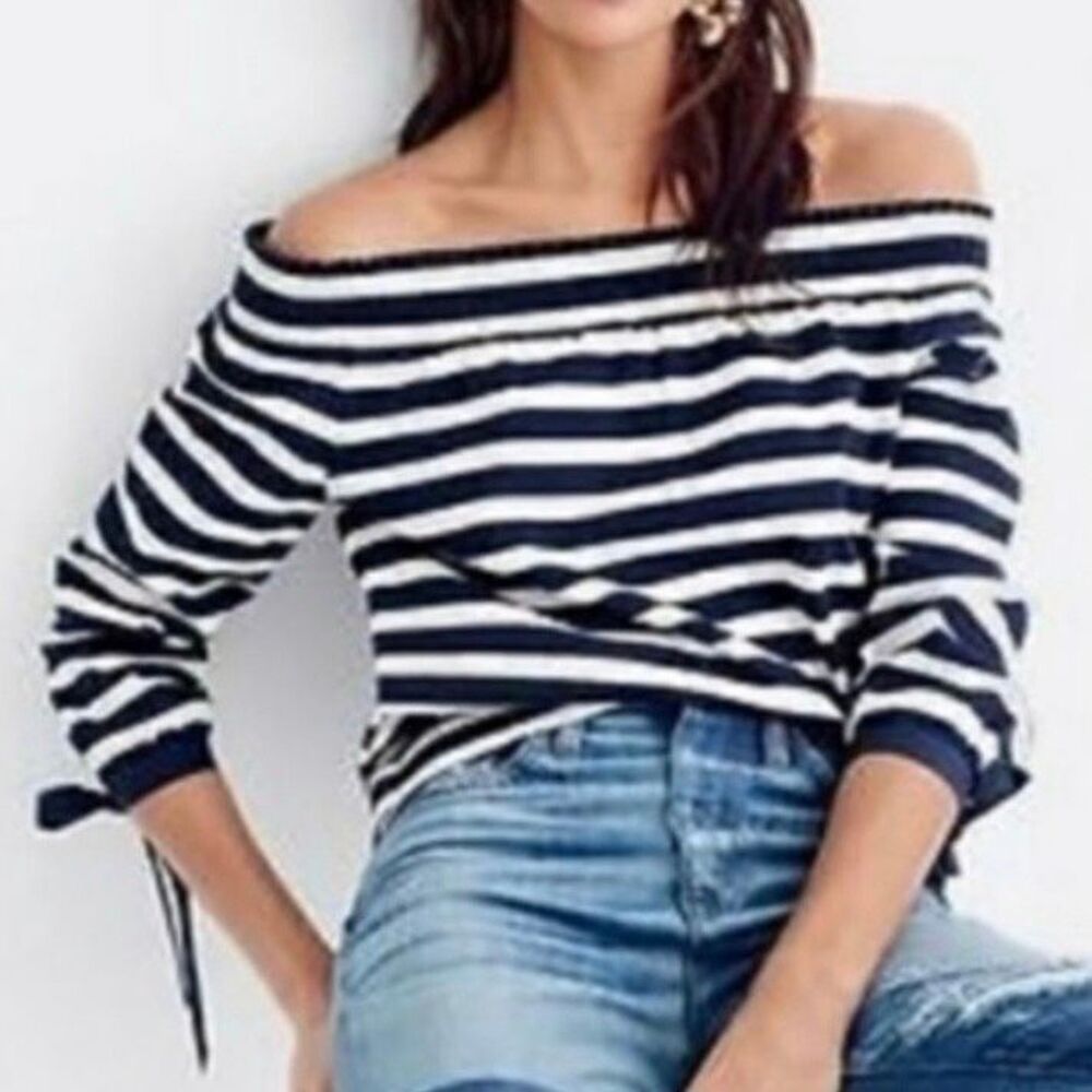 J. CREW | On Off Shoulder Navy White Striped Top Bow Sleeve Black Label | Medium